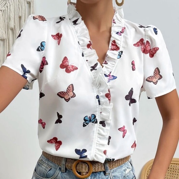 Boho Butterfly Print Frill Blouse - Picture 2 of 3